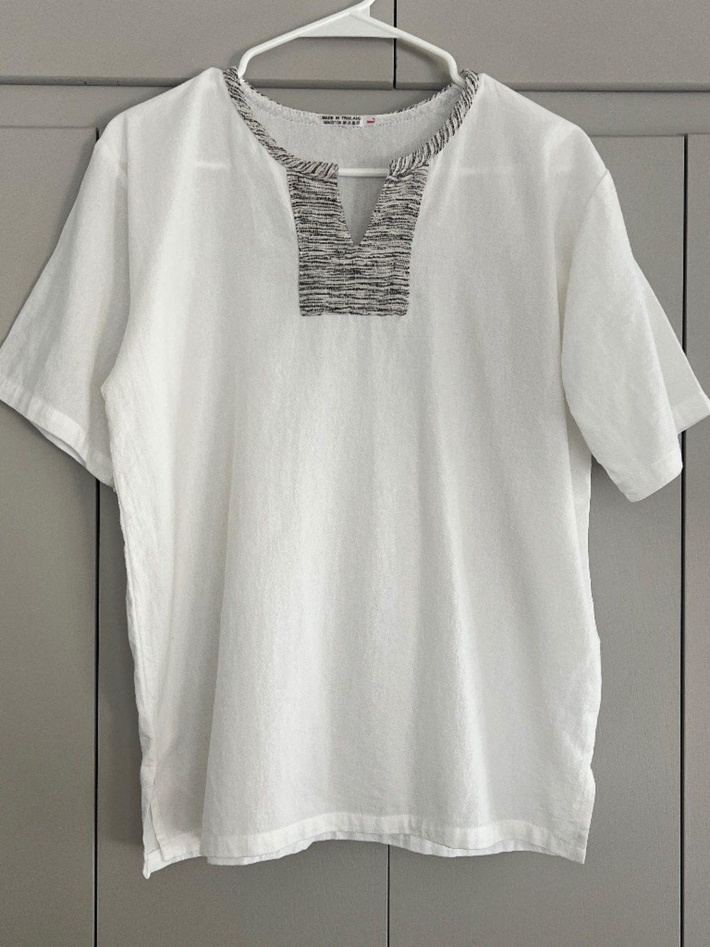 White Thai Cotton Split V-Neck Woven Trim Short Sleeve Resort Top L